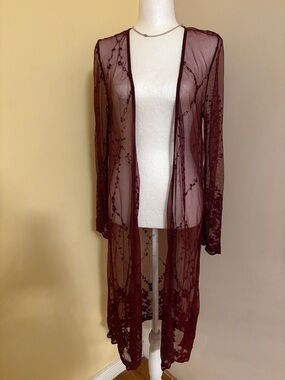 A’GACI Sheer Embroidered Long Kimono - Burgundy M